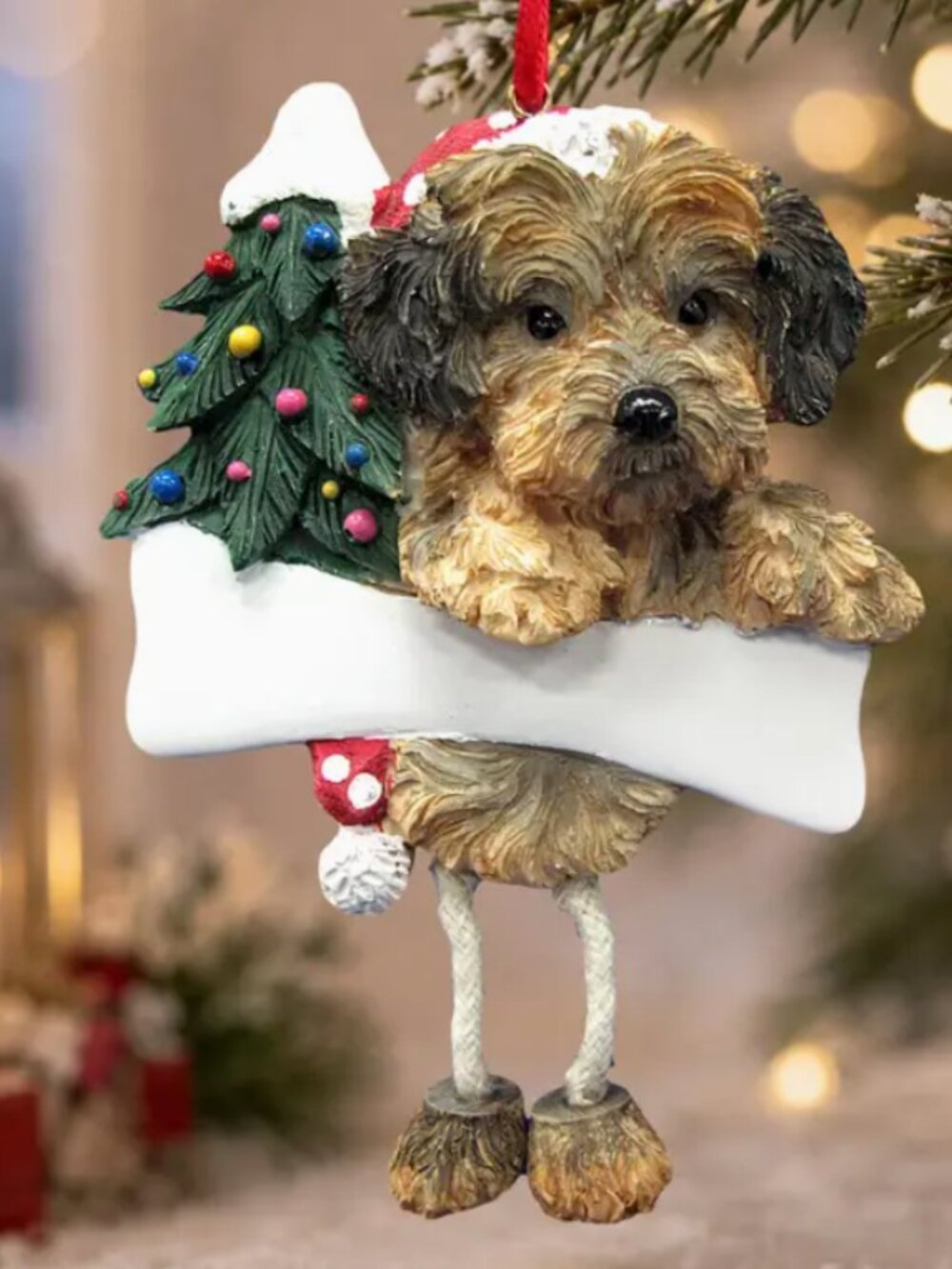 Yorkipoo dangling legs ornament